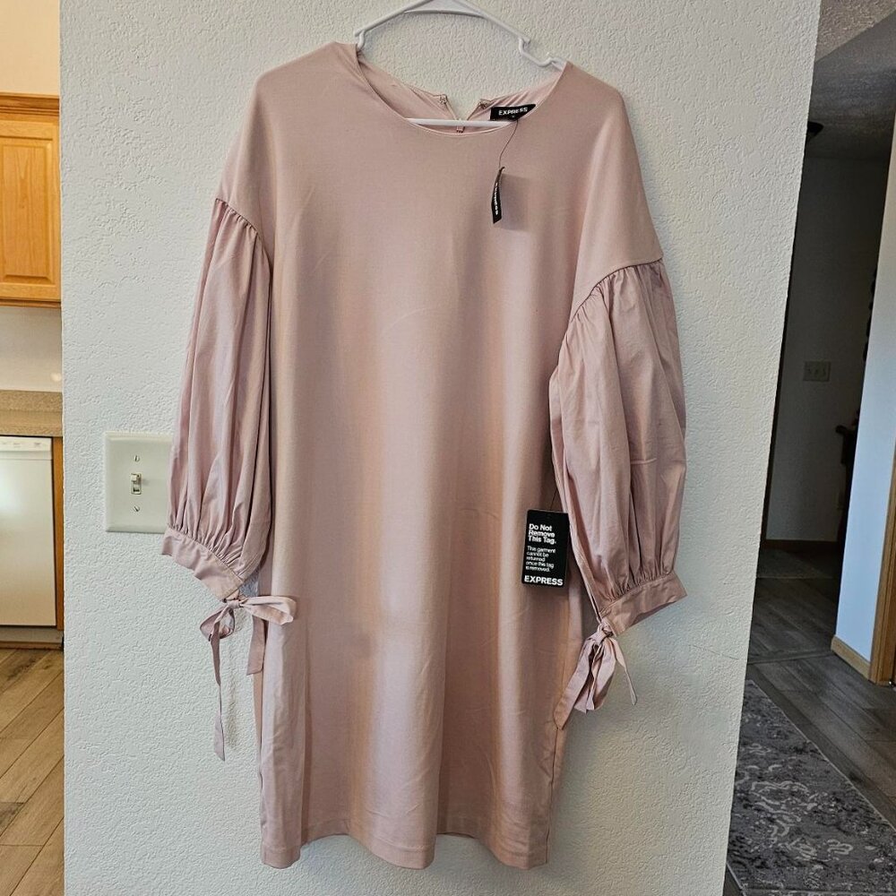 Express Tie Balloon Sleeve Ponte Shift Dress Pink Size L New With Tags